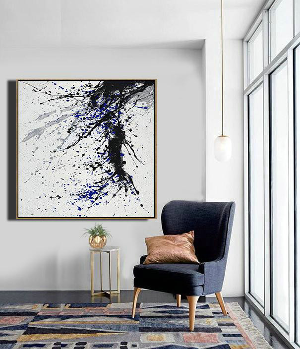 Abstract Painting Extra Large Canvas Art,Minimalist Drip Painting On Canvas, Black, White, Grey, Blue - Hand-Painted Contemporary Art